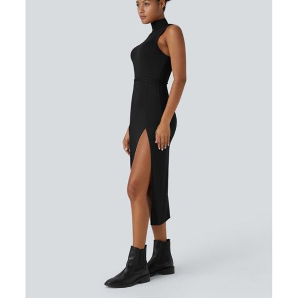 Halara Ribbed Hooded High Neck Sleeveless Cut Out Tie Back 2-Piece Midi Casual D - Picture 2 of 14